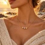 Femme portant le collier doré en citrine Melody au coucher du soleil